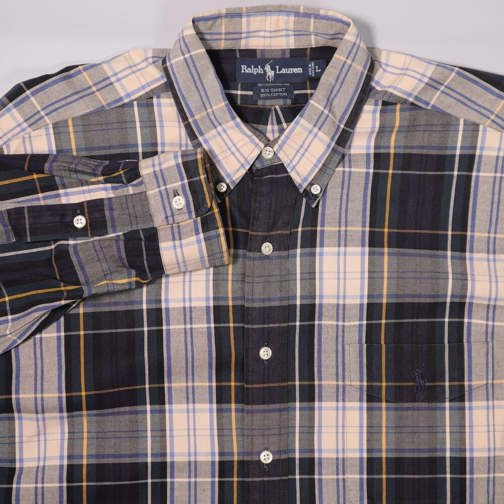 VTG Ralph Lauren Oxford Cloth Big Shirt Plaid Long Sleeve Cotton Mens Large